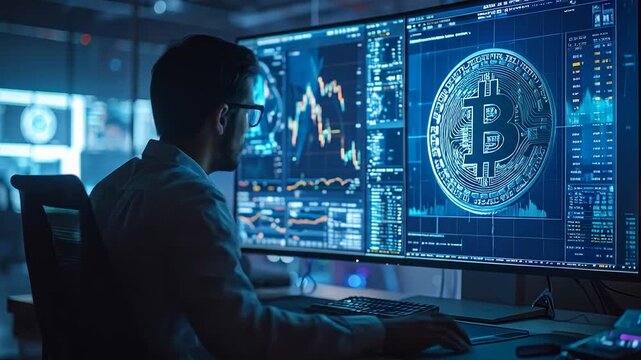 Man analyzing cryptocurrency charts on computer screens in dark room.