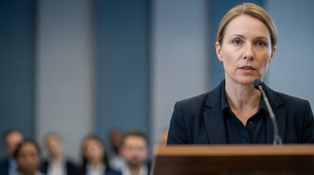 Professional businesswoman delivering a focused speech at a business conference, standing at podium, serious expression, and corporate back