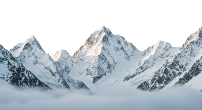 Five distinct, snow-covered granite mountain ranges, jagged icy peaks, severe glacial formations, set against a transparent void backdrop, emphasizing deep shadows and scale. Concept of sublime