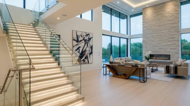 Modern interior design with staircase and living area
