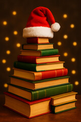 Christmas tree made of books with Santa hat on top, festive holiday concept.
