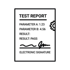 Black and white icon of a test report document showing parameters result pass and electronic signature isolated on