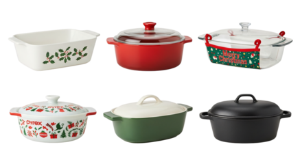 Collection of festive and holidaythemed cooking pots, casserole dishes, and bakeware for seasonal meals, isolated on transparent background