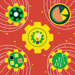 Fototapeta premium Gears of innovation and data analysis on a red background