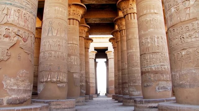 Majestic Ancient Egyptian Temple Interior with Ornate Columns and Hieroglyphic Carvings