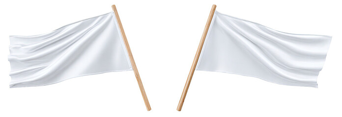 Two white flags on wooden poles wave gently against a dark background