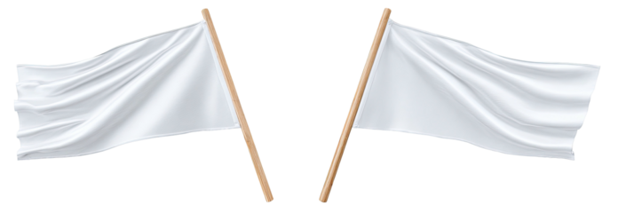 Two white flags on wooden poles wave gently against a dark background