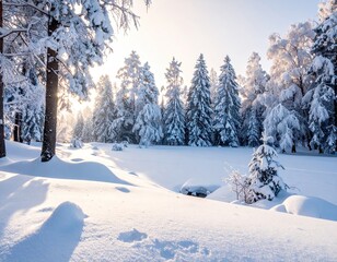 Fototapeta premium Snowy Winter Forest Scene with Sunlit Trees