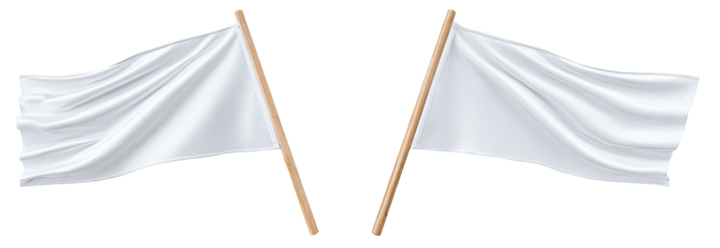 Two white flags on wooden poles wave gently against a dark background