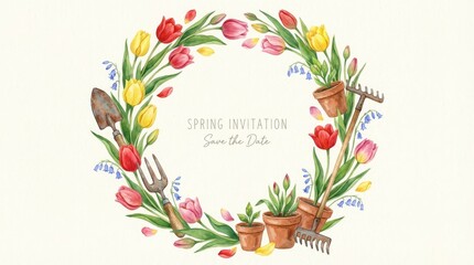 Fototapeta premium Spring Invitation Floral 2025 Illustration - Watercolor floral wreath with tulips, garden tools, and flower pots, symbolizing growth, invitation, beauty, springtime, and celebration