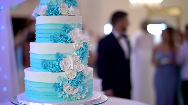 Elegant Four-Tier Wedding Cake with Blue Ombre and White and Turquoise Sugar Flowers at a Reception