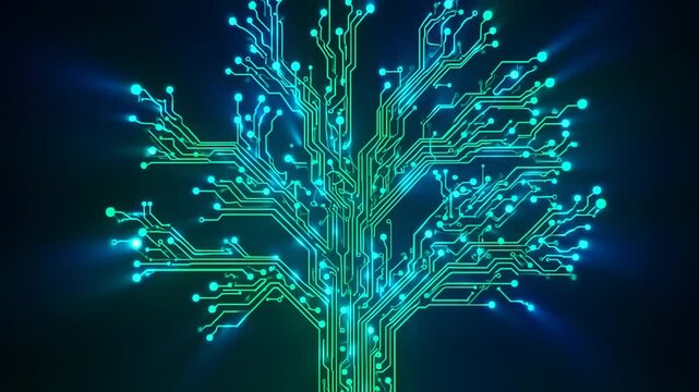 Digital Circuit Board Tree with Glowing Data Flow Connections