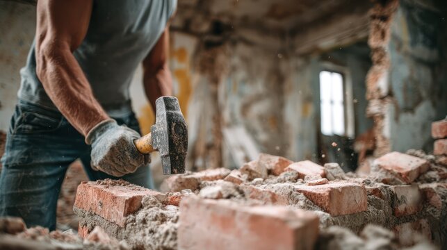 Worker Demolishing Brick Wall with Sledgehammer During Renovation