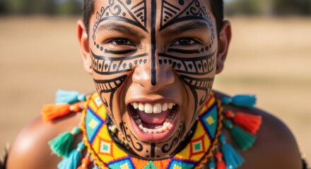 An energetic young boy with elaborate geometric face painting and a vibrant beaded collar makes an intense, open-mouthed expression in a powerful close-up portrait