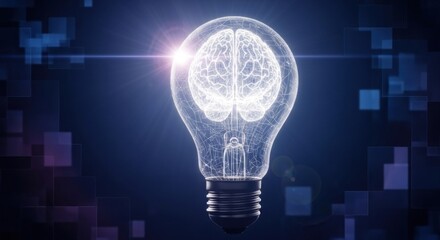A glowing light bulb with a transparent body and a brain inside, emitting a bright light against a dark background with a grid of squares.