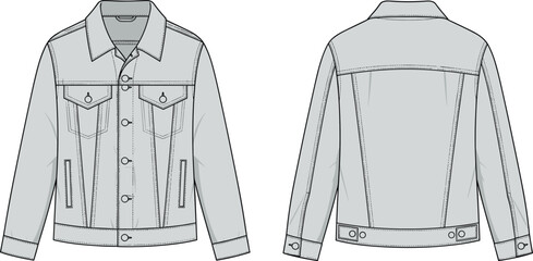 Denim jacket technical drawing, front and back views, colored fashion flats, apparel design, casual, classic, trucker jacket, streetwear, versatile, vector, illustration, garment, blueprint, rugged.