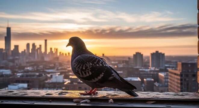 A pigeon perched on a rooftop, silhouetted against a golden sunrise over a sprawling urban skyline in the distance