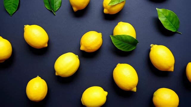 Top View of Fresh Yellow Lemons with Green Leaves on a Dark Background