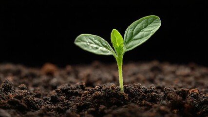 Young green seedling growing from fertile soil