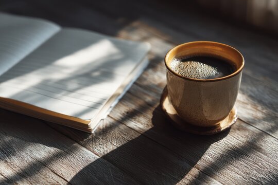 Overhead Shot: Black Coffee and Blank Notebook on Wood for Copy