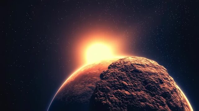Sunrise Over a Rugged Alien Planet Horizon in Dark Space with Stars