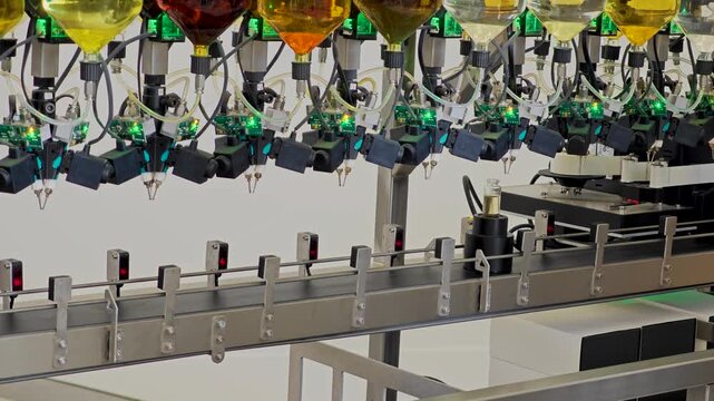 Perfume production. Different scents in bottles. Robotic perfume production line with automated fragrance dispensing. 4K video footage