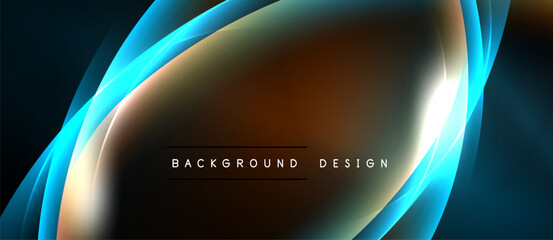 Abstract design features flowing blue light curves over dark brown background. Central bright spot adds visual interest. Simple, modern aesthetic.