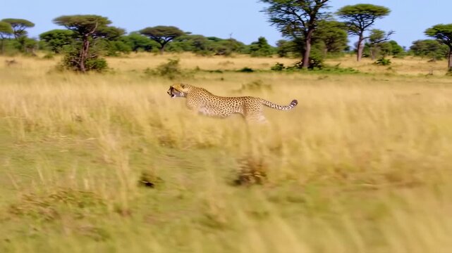Cheetah Sprints at High Speed Through Golden Grass in African Savanna