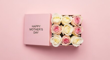 Mother's Day roses: Pink gift box with flowers on pink background