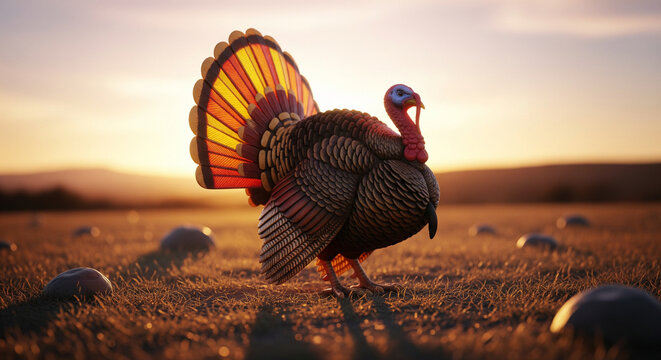 Festive turkey in field with sunset. Perfect for Thanksgiving designs, fall harvest themes, wildlife illustrations, or seasonal greeting cards. High-quality render. - Powered by Adobe