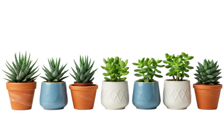 Fototapeta premium Ten vibrant haworthia and crassula succulents in diverse terracotta and matte ceramic pots, arranged in a horizontal row on a high-key white studio background with copy space. Concept of modern