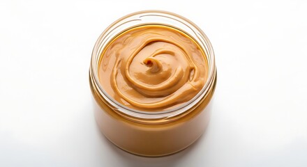 Clean e-commerce image of a jar of smooth nut butter, emphasizing the creamy texture and ideal swirl for appetizing food imagery.