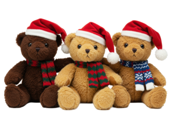 three hyperdetailed plush teddy bears (chocolate, caramel, tawny) wearing santa hats and knitted scarves, sitting on a reflective white studio surface with macro focus and bokeh, heartwarming