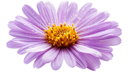Obraz premium Fresh light purple daisy flower with glistening water droplets, isolated on a transparent backdrop