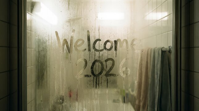 Welcome Message on Shower Door - A steamy shower door with a handwritten welcome message and the year 2026, creating a warm and inviting atmosphere in the bathroom