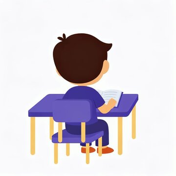 Animated 2D cartoon boy sitting at a desk and reading a book, viewed from behind. Represents learning, education, focus, and childhood. Ideal for explainer videos, educational content, and chroma key 