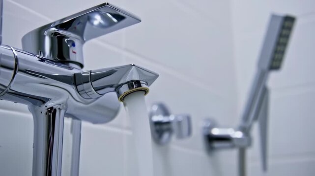 Close-up of Modern Chrome Bathtub Faucet with Running Water in a White Tiled Bathroom