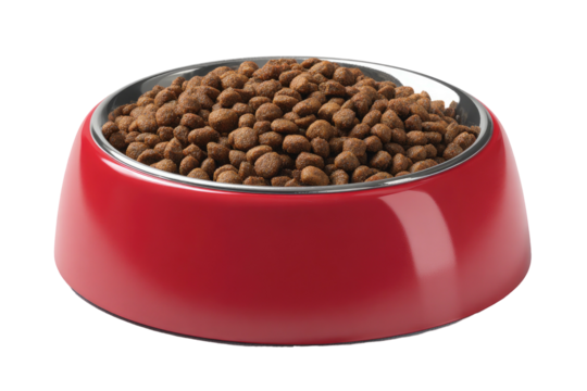 A glossy red pet bowl filled to the brim with brown kibble