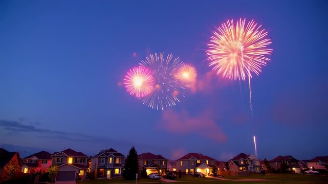Vibrant Fireworks Exploding Over Residential Neighborhood Houses at Dusk