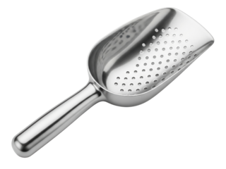 Stainless steel perforated ice scoop for bar or kitchen use on a transparent background