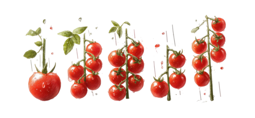 Ripe red tomatoes on vine, some with dew drops, natural lighting