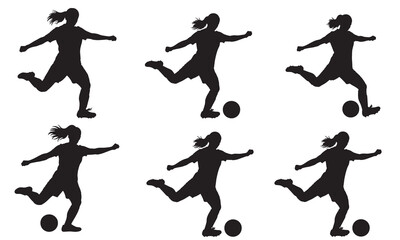 Dynamic female soccer player kicking ball silhouette series
