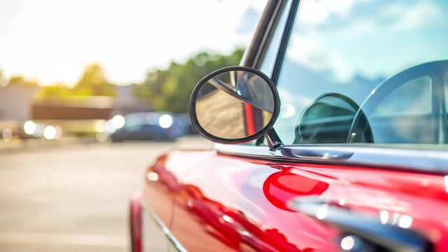 Classic Red Convertible Car Side Mirror Reflection Close Up.
