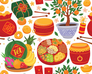 Seamless pattern with elements for Vietnamese Lunar New Year (Tet). Bright holiday elements, fruits for offerings, candy box, tangerine tree, sweets, drum, lucky money bag. 