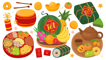 Collection of Vietnamese traditional holiday elements for Lunar New Year (Tet). Fruit tray for altar, candy box, drum, traditional rice cake, tea pot, sweets.