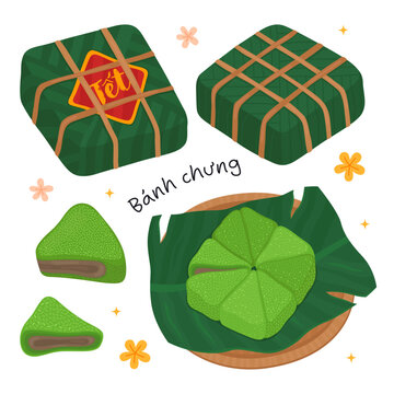 Traditional Vietnamese holiday dishes for Lunar New Year (Tet). Sticky rice cakes with meat wrapped in banana leaf, banh chung.	