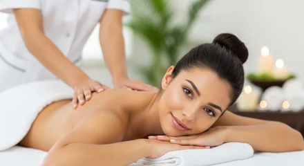 Papier peint photo Salon de massage A beautiful, serene woman with dark hair in a bun smiles at the camera while lying on a massage table and receiving a therapeutic back treatment from a masseuse in a wellness center  © David