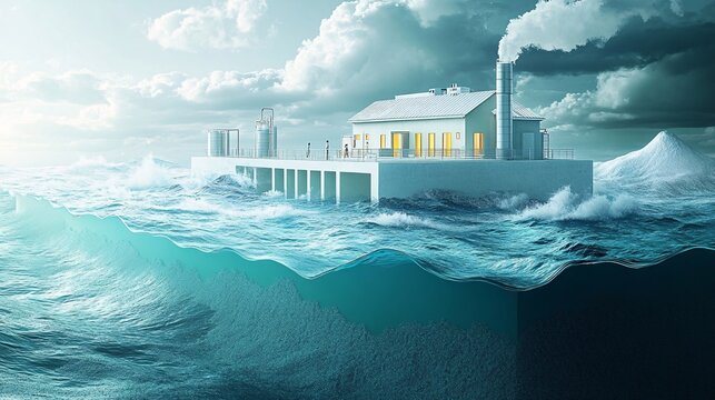 A diagram illustrating the process of ocean thermal energy, featuring a modern building platform in the sea with visible waves, showcasing an innovative and sustainable approach for future energy