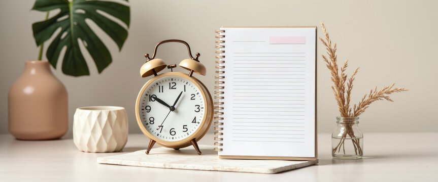 detox kit with analog clock and planner, mindful new year beginning. copy space