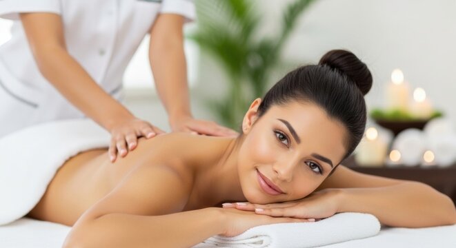 A beautiful, serene woman with dark hair in a bun smiles at the camera while lying on a massage table and receiving a therapeutic back treatment from a masseuse in a wellness center